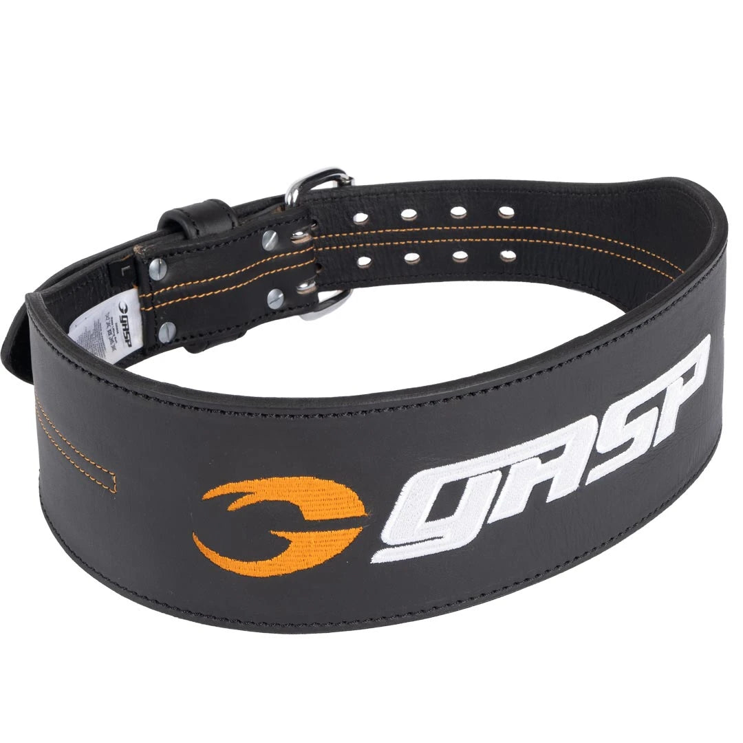 Musta nahkainen GASP Lifting Belt suurella brodeeratulla valko-oranssilla logolla ja tukevalla kaksoissoljella., kuva 3/4