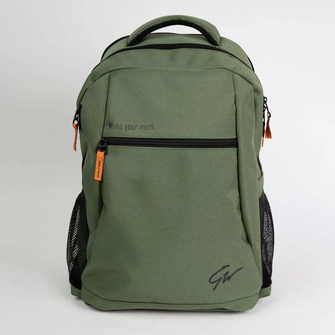 Gorilla Wear Duncan Backpack Army Green on tilava vihreä polyesterinen treenireppu mustilla verkkotaskuilla., kuva 1/1