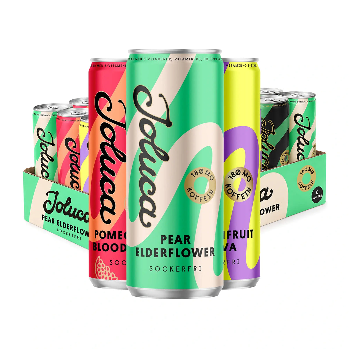 24 x Joluca Energidryck 330 ml Mixflak, jossa on eri makuisia energiajuomatölkkejä värikkäillä pastellikuvioilla.