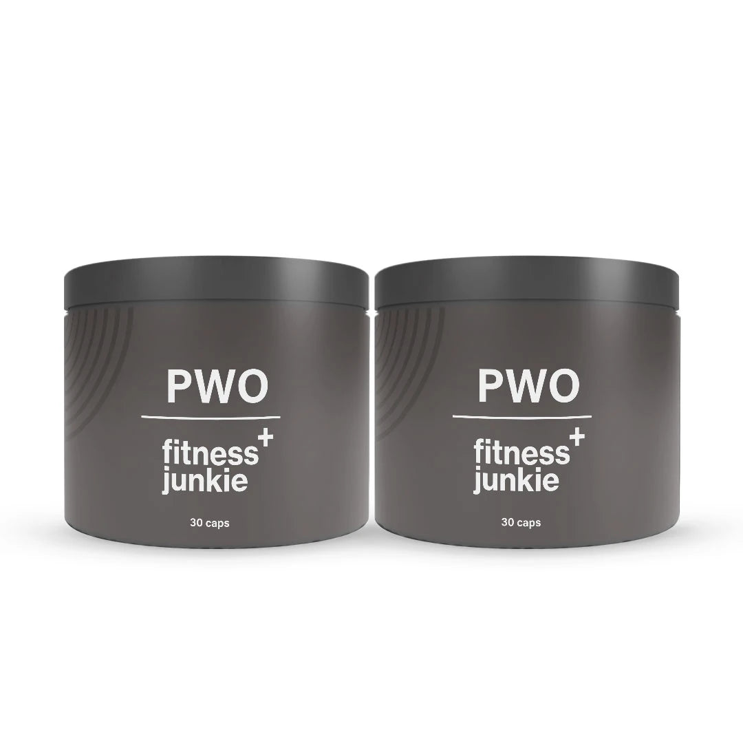 2 x fitnessjunkie PWO 30 caps -suorituskykyä parantavat kapselit kahdessa tummanharmaassa purkissa valkoisella tekstillä., kuva 1/1