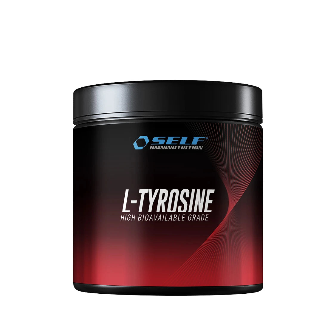 Self Omninutrition L-Tyrosine 200 g -aminohappo mustassa ja punaisessa purkissa, jossa on valkoinen teksti., kuva 1/1