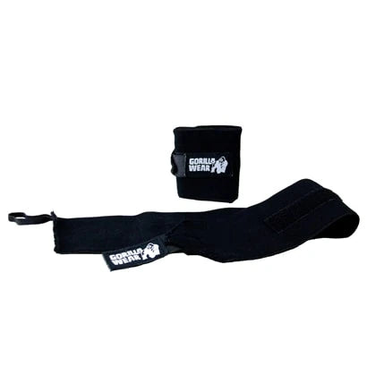 Gorilla Wear Wrist Wrap Basic, mustat elastiset rannesiteet valkoisella logolla raskaisiin nostoihin., kuva 1/1