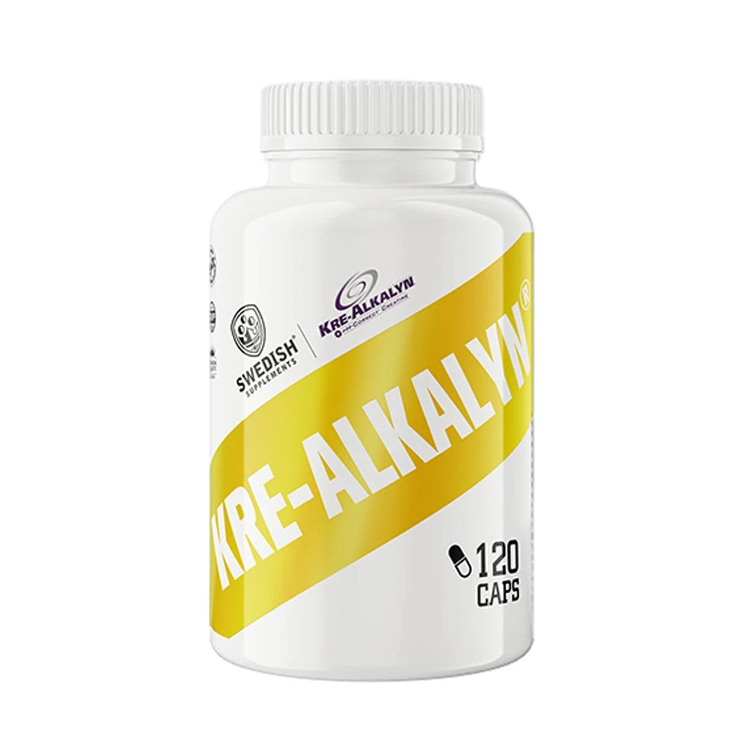 Swedish Supplements Kre-Alkalyn 120 caps -kreatiini valkoisessa purkissa keltaisilla graafisilla yksityiskohdilla., kuva 1/1