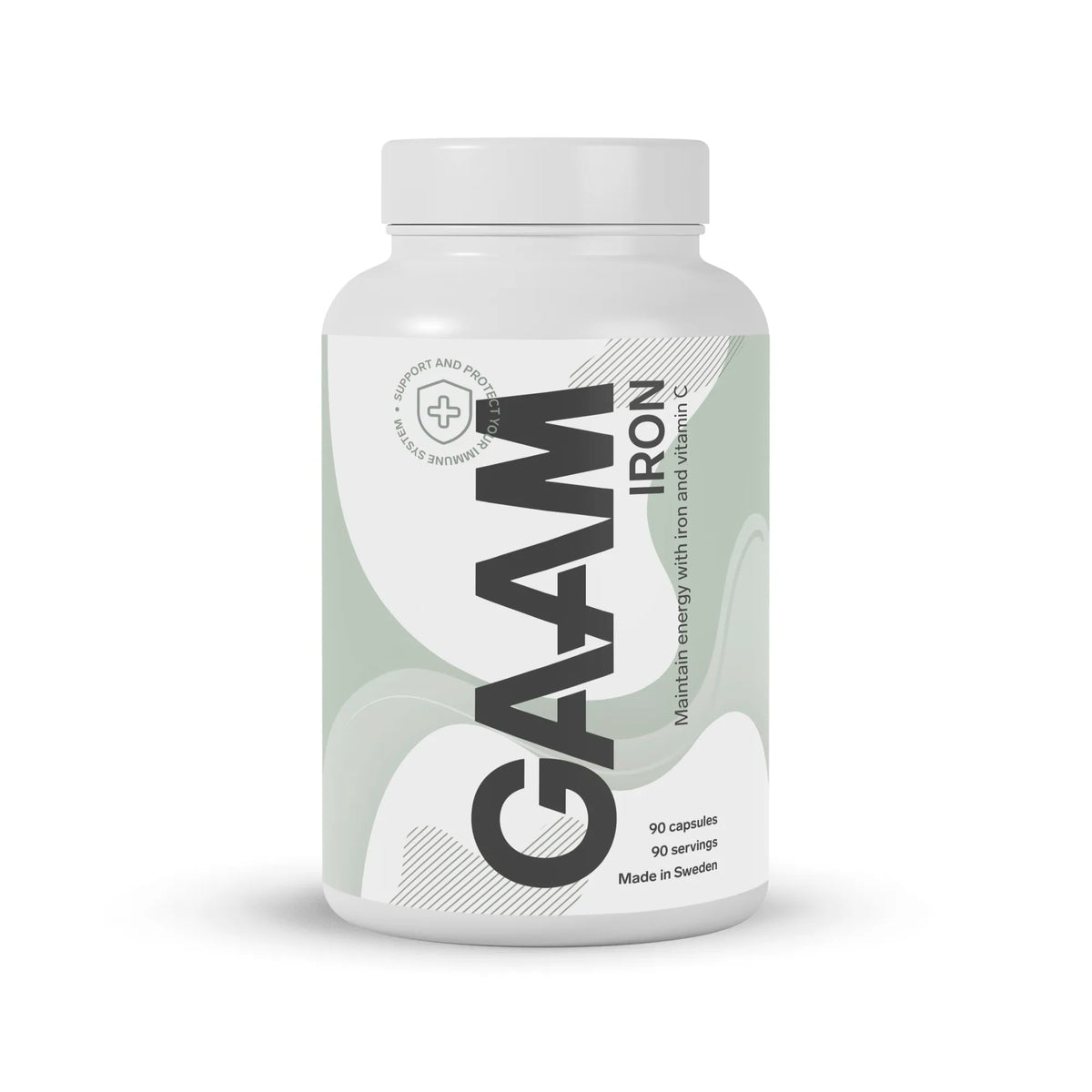 GAAM Iron 90 caps -rautalisä valkoisessa purkissa vaaleanvihreillä yksityiskohdilla.
