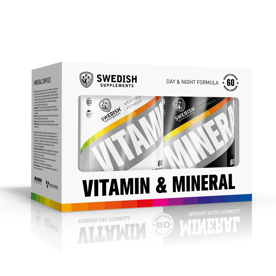 Swedish Supplements Vitamin &amp; Mineral Complex i en vit förpackning med fönster som visar en vit och en svart burk., bild 1 av 1