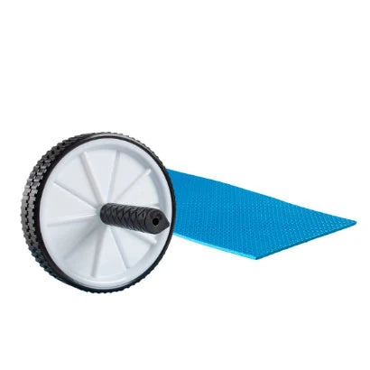 Virtufit Ab Wheel + Mat, mustavalkoinen vatsalihasrulla teksturoiduilla kahvoilla ja sininen polvimatto., kuva 1/1