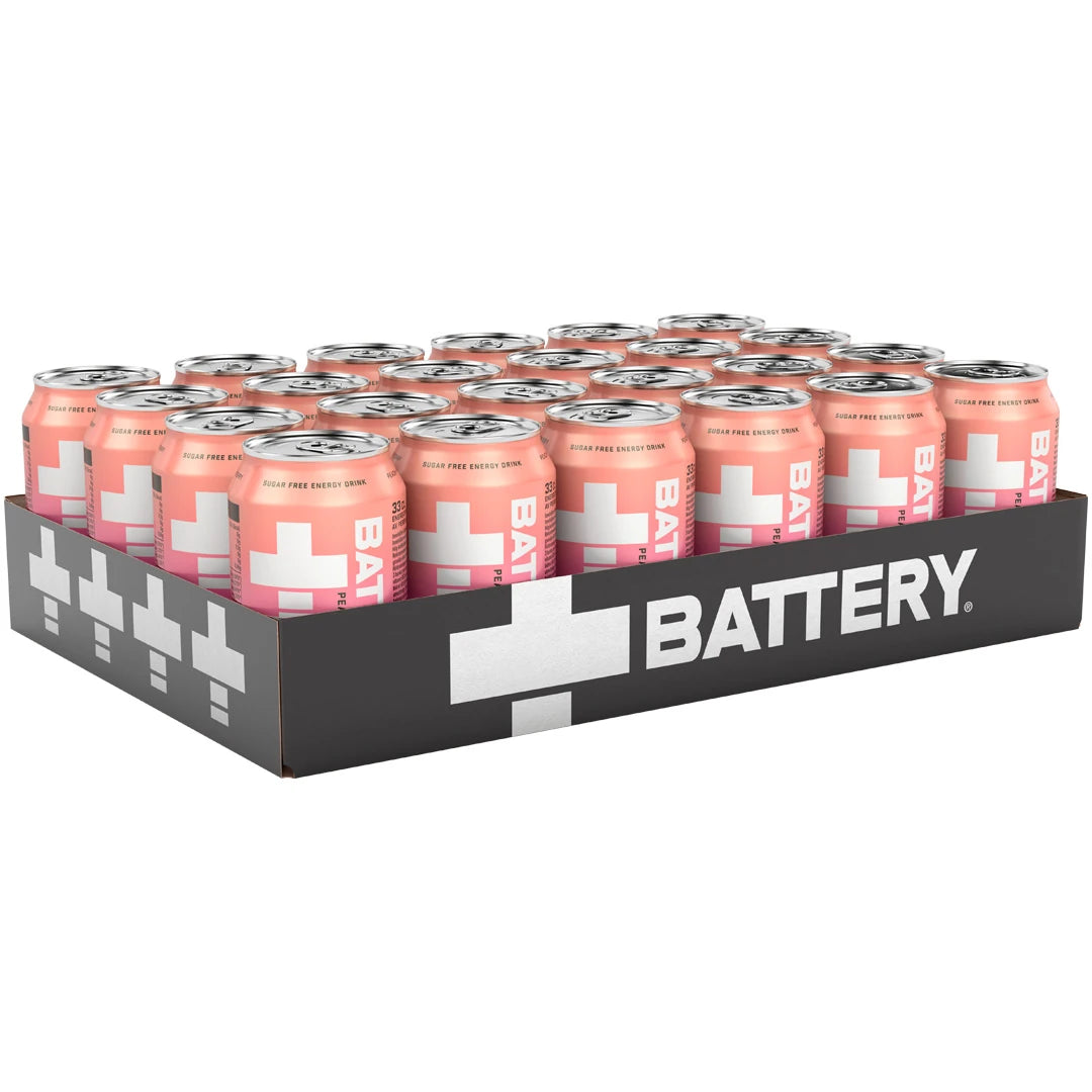 24 x Battery Energy Drink 330 ml Peach Raspberry mustassa laatikossa, jossa on vaaleanpunaisia tölkkejä ja valkoisia yksityiskohtia., kuva 1/1