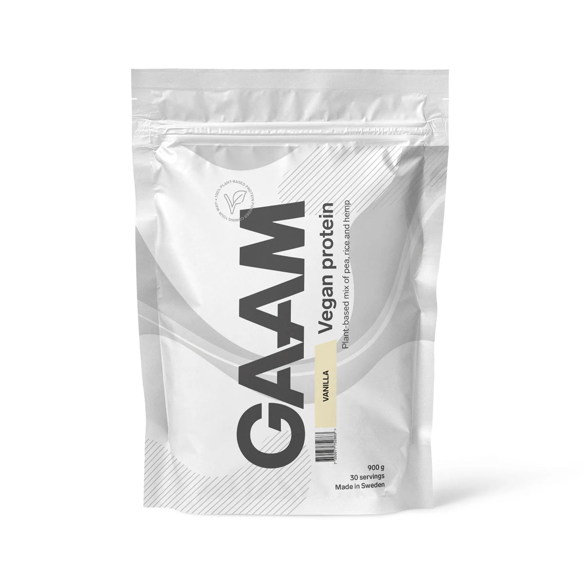 GAAM Vegan Protein 900 g -proteiinijauhe valkoisessa pussissa vaaleankeltaisilla yksityiskohdilla, makuna Vanilla.