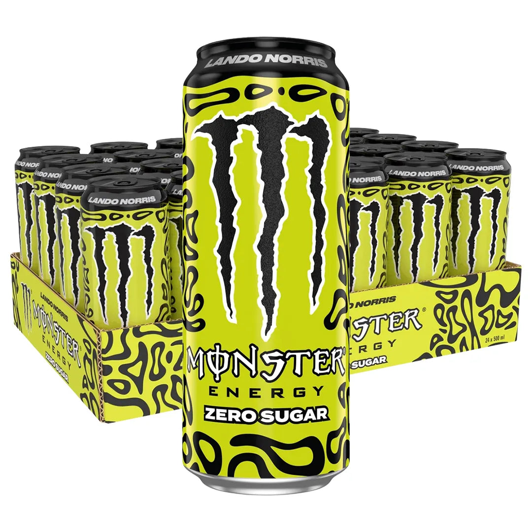 24 x Monster Energy 500 ml Lando Norris Zero Sugar keltaisessa laatikossa, joka on täynnä mustakuvioisia tölkkejä., kuva 1/1