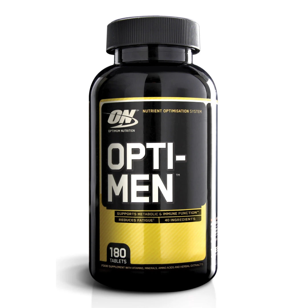 Optimum Nutrition Opti-Men 180 tabs -monivitamiini mustassa purkissa, jossa on keltainen etiketti., kuva 1/1