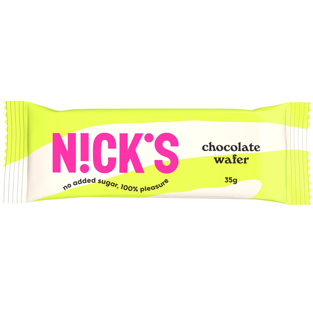 Nicks Chocolate Wafer 35 g vaaleanvihreä-valkoisessa pakkauksessa, jossa on suuri vaaleanpunainen logo., kuva 1/1