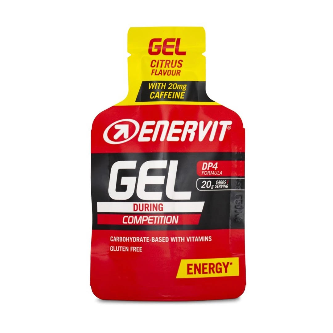 Enervit Sport Gel 25 ml energigel i en röd och gul portionsförpackning för smaken Citrus., bild 2 av 3