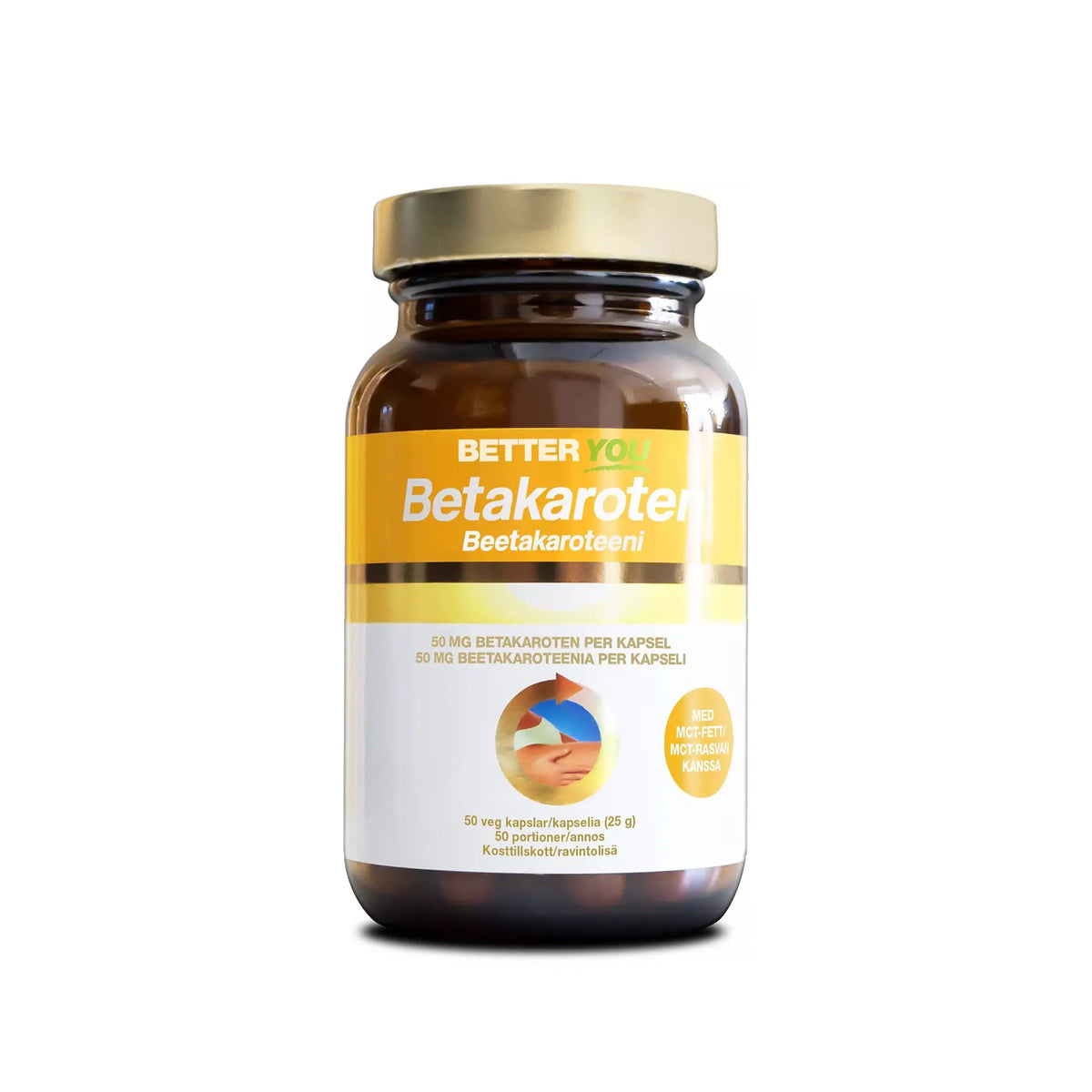 Better You Betakaroten 50 mg 50 caps ruskeassa purkissa, jossa on kultainen kansi ja keltavalkoinen etiketti., kuva 1/1