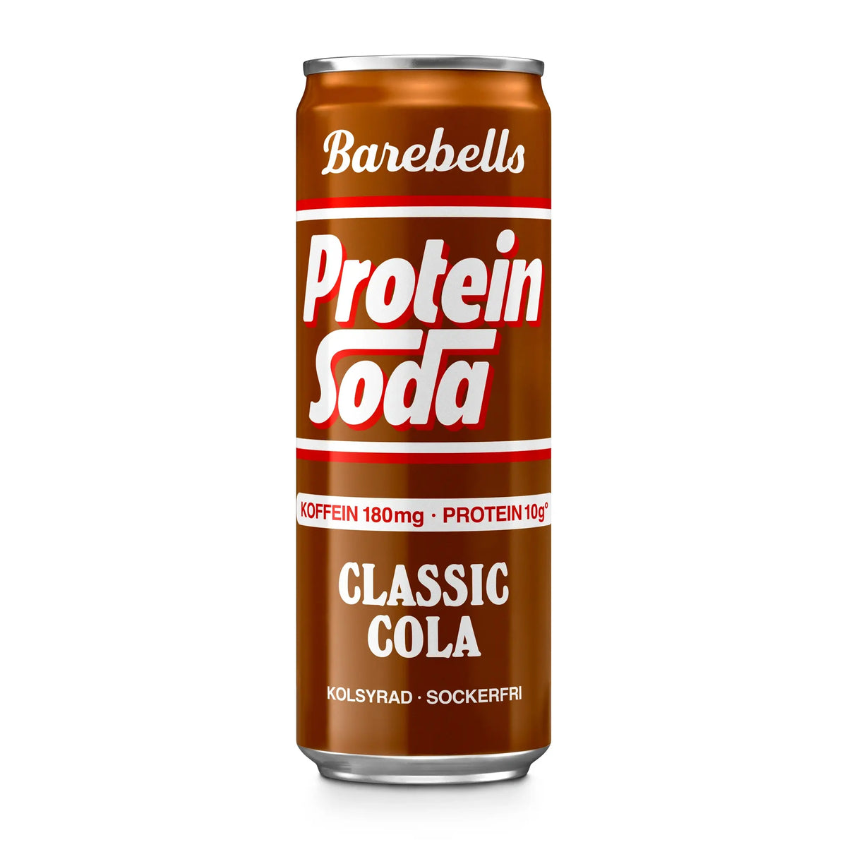 Barebells Protein Soda 355 ml -proteiinijuoma ruskeassa tölkissä, makuna Classic Cola.