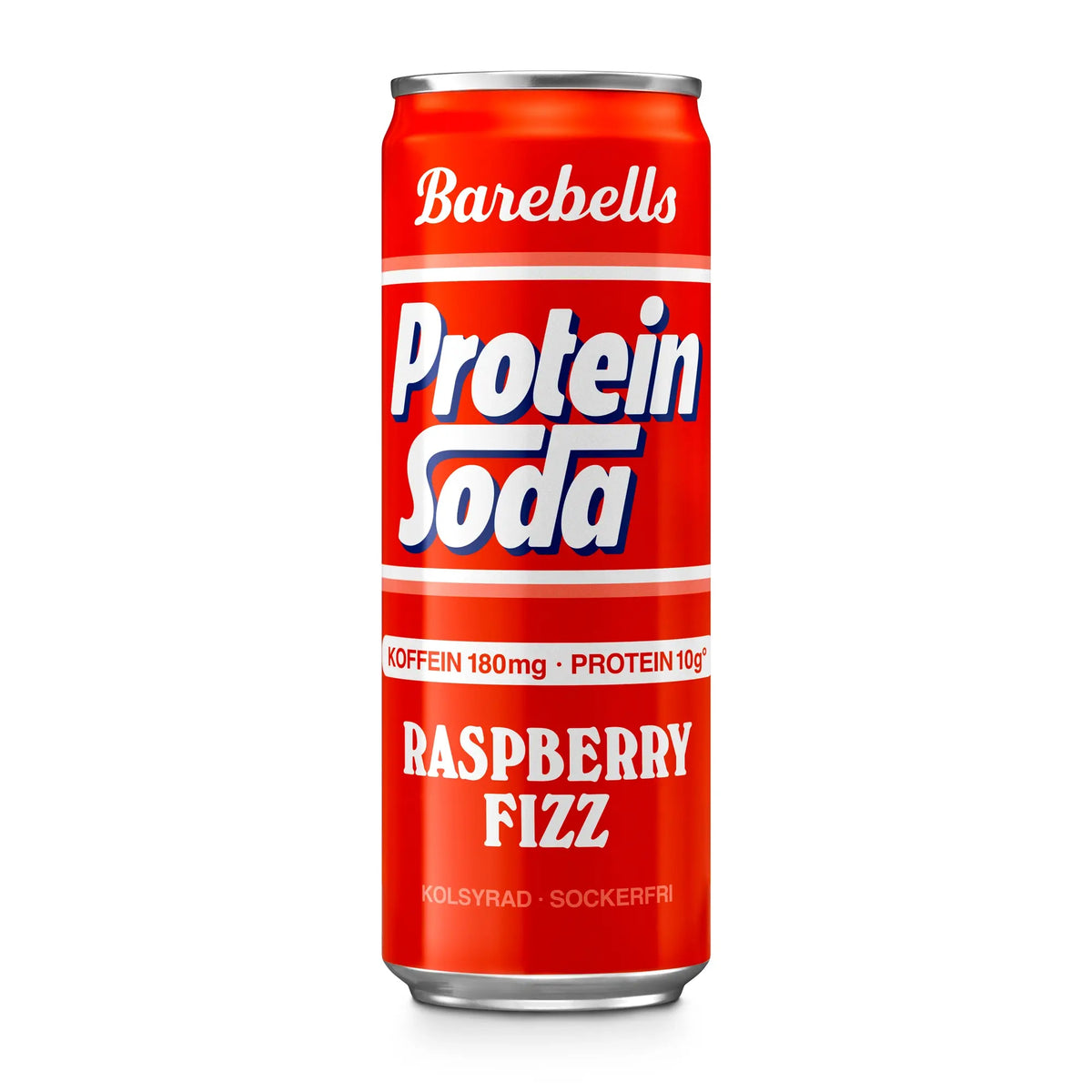 Barebells Protein Soda 355 ml -hiilihapotettu proteiinijuoma punaisessa tölkissä, makuna Raspberry Fizz., kuva 2/3