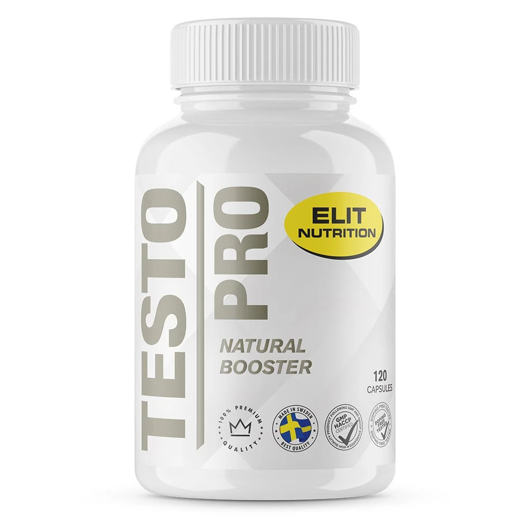 Elit Nutrition Testo PRO 120 caps -ravintolisä valkoisessa muovipurkissa hopeanharmailla ja keltaisilla yksityiskohdilla., kuva 1/1