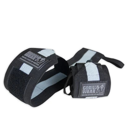 Gorilla Wear Wrist Wraps Ultra, mustat rannekääreet harmailla raidoilla, tarralla ja peukalolenkillä raskaisiin nostoihin., kuva 1/1