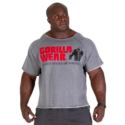 Gorilla Wear Classic Workout Top Grey on tilava harmaa old school -tyylinen treenipaita punaisella logopainatuksella., kuva 1/3