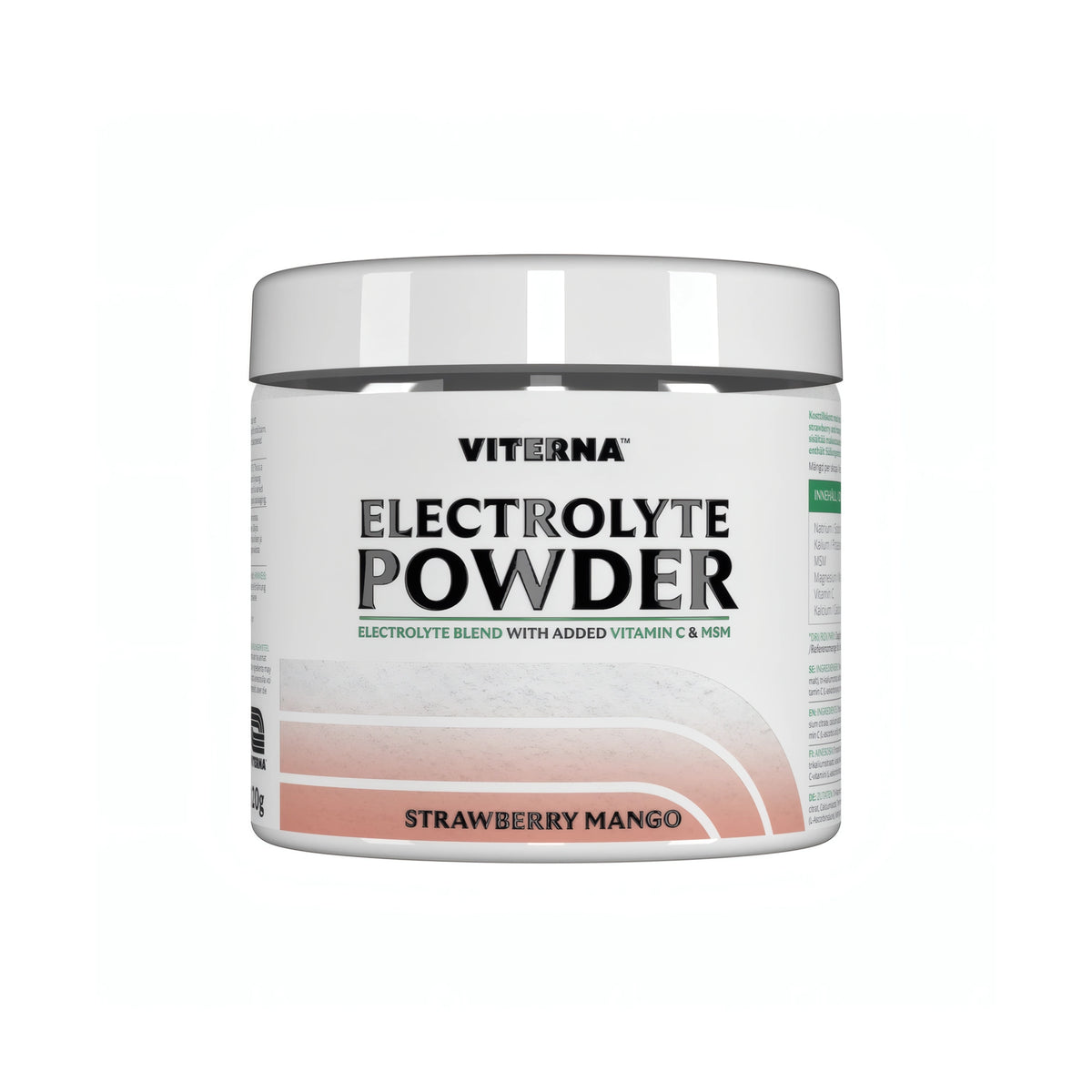 Viterna Electrolyte Powder 120 g -elektrolyyttijauhe valkoisessa purkissa vaaleanpunaisin yksityiskohdin, makuna Strawberry Mango., kuva 1/7