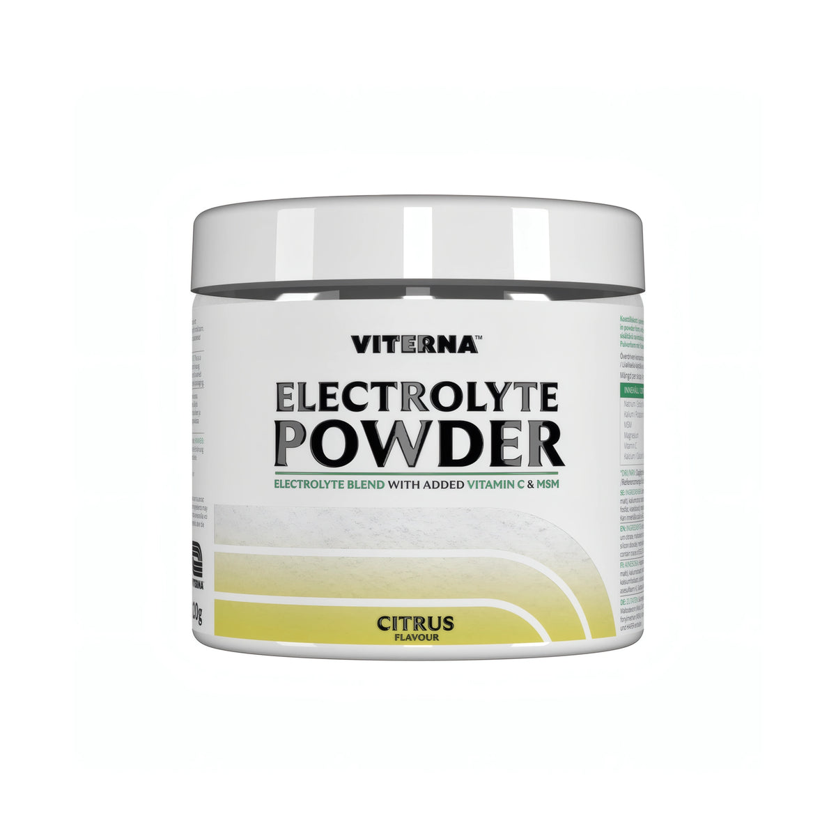 Viterna Electrolyte Powder 120 g -elektrolyyttijauhe valkoisessa purkissa keltaisin yksityiskohdin, makuna Citrus., kuva 2/7