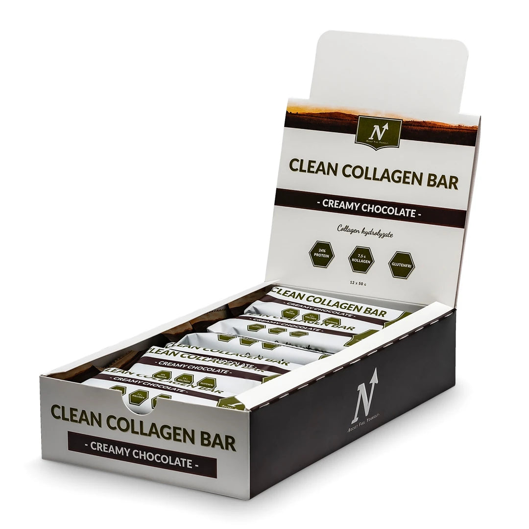 12 x Nyttoteket Clean Collagen Bar 50 g Creamy Chocolate valko-ruskeassa laatikossa täynnä patukoita., kuva 1/1