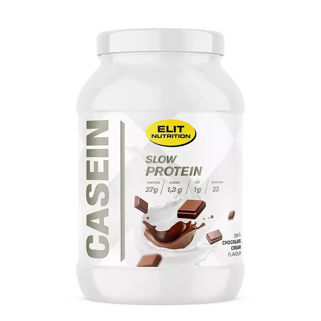 Elit Nutrition Casein 750 g -kaseiiniproteiini valkoisessa purkissa, etiketissä suklaapaloja ja makuna Chocolate Cream., kuva 1/1