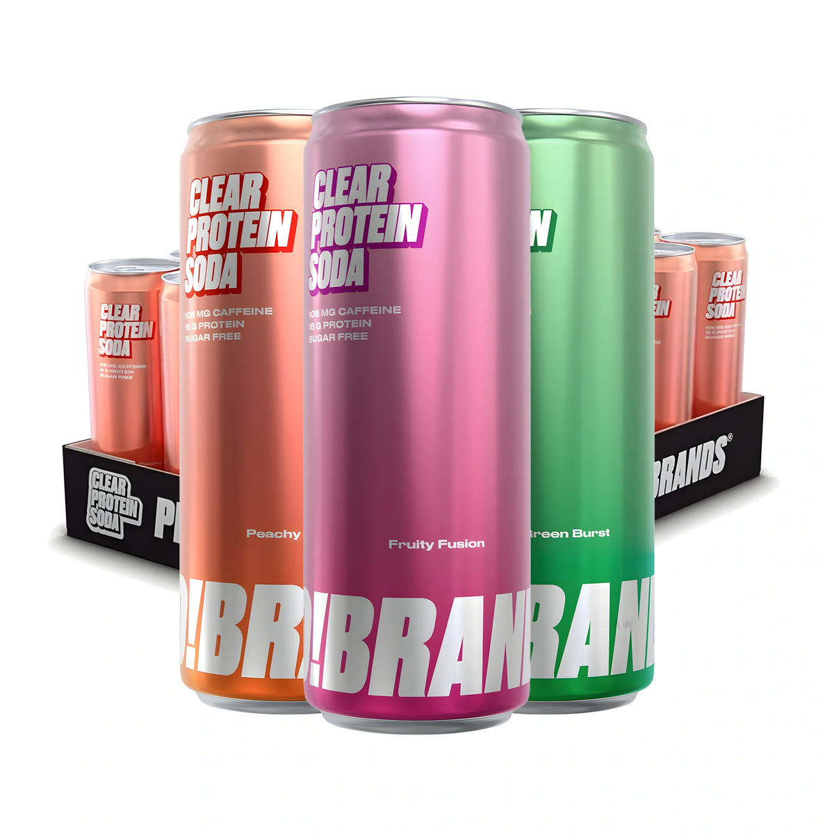 24 x Pro Brands Clear Protein Soda 330 ml Mixflak mustassa laatikossa ruusunvärisillä tölkeillä.