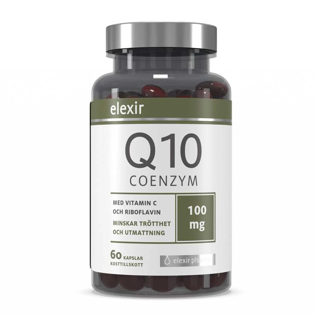 Elexir Pharma Coenzyme Q10 100 mg 60 caps läpinäkyvässä hopeakantisessa purkissa valko-vihreällä etiketillä., kuva 1/1