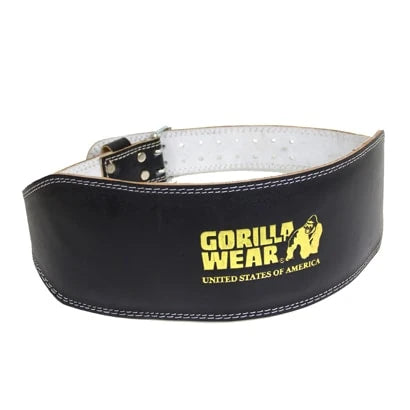 Musta, aitoa nahkaa oleva Gorilla Wear Full Leather Padded Belt -nostovyö pehmusteella ja kullanvärisellä logolla., kuva 2/3