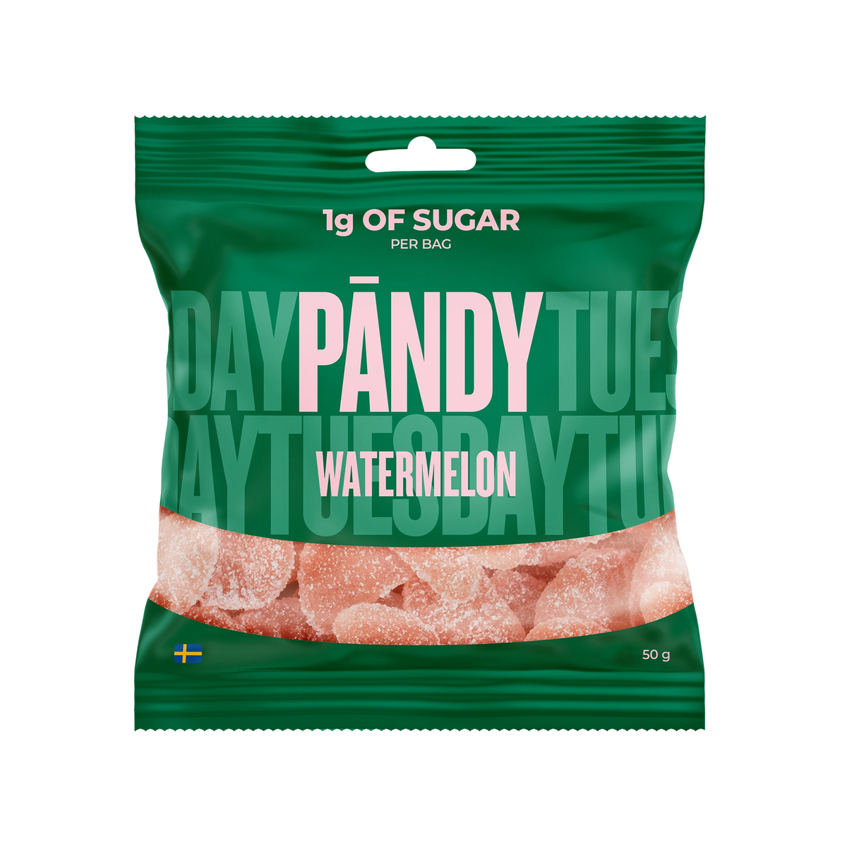 Pändy Candy 50 g Watermelon -hyytelömakeisia vihreässä pussissa vaaleanpunaisilla yksityiskohdilla., kuva 1/1