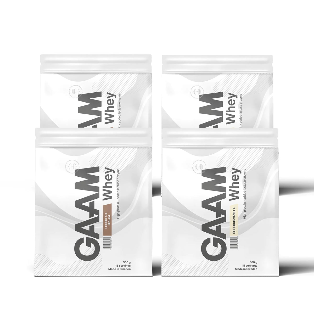 4 x GAAM Whey Proteinpulver 500 g i fyra vita påsar med grå text för smakerna Chocolate Dream och Delicious Vanilla., bild 1 av 1
