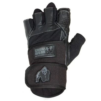 Musta nahkainen ja verkkokankainen Gorilla Wear Dallas Wrist Wrap Gloves -treenihanska rannetuella voimaharjoitteluun., kuva 1/6