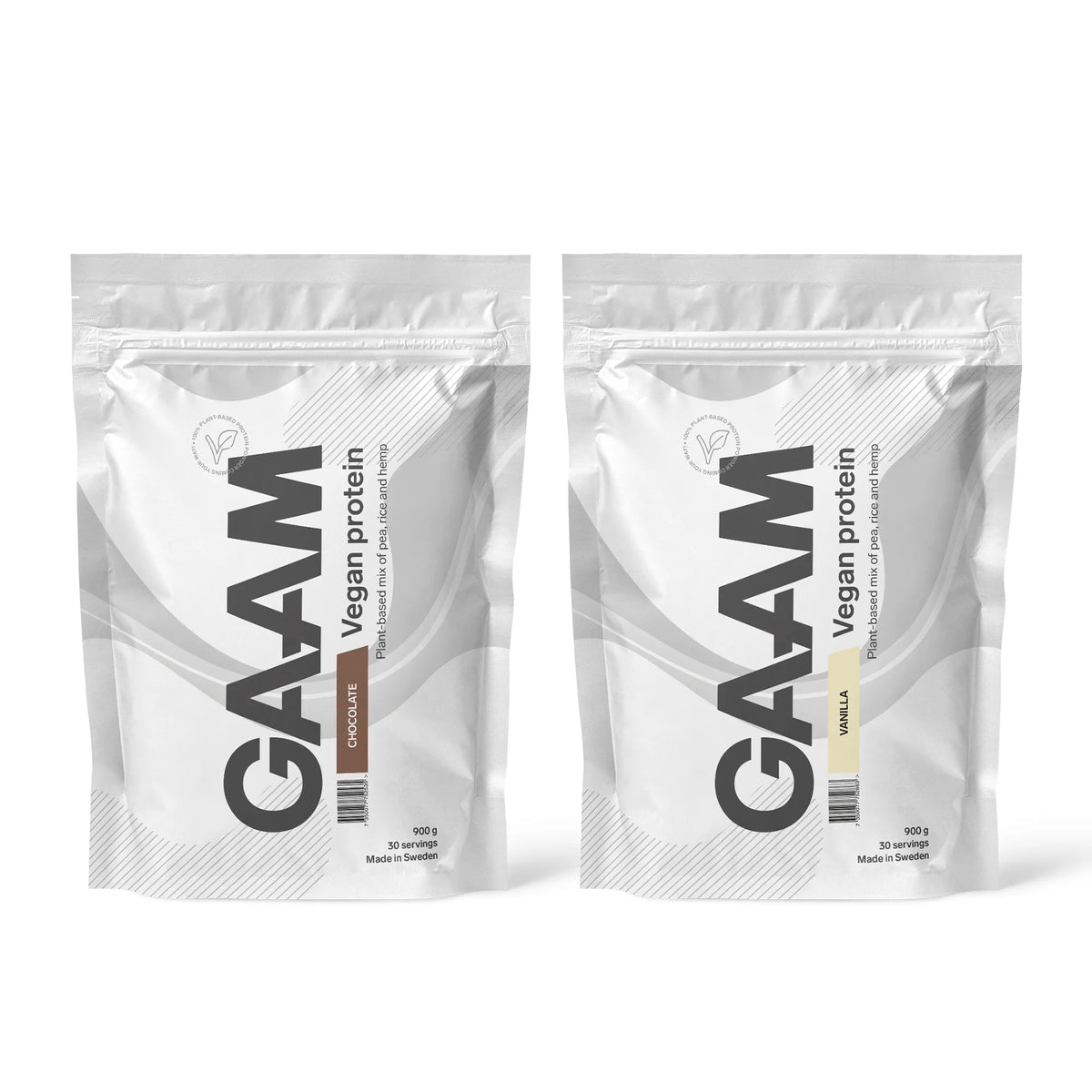2 x GAAM Vegan Protein 900 g -vegaaninen proteiinijauhe kahdessa valkoisessa pussissa, makuina Chocolate ja Vanilla.