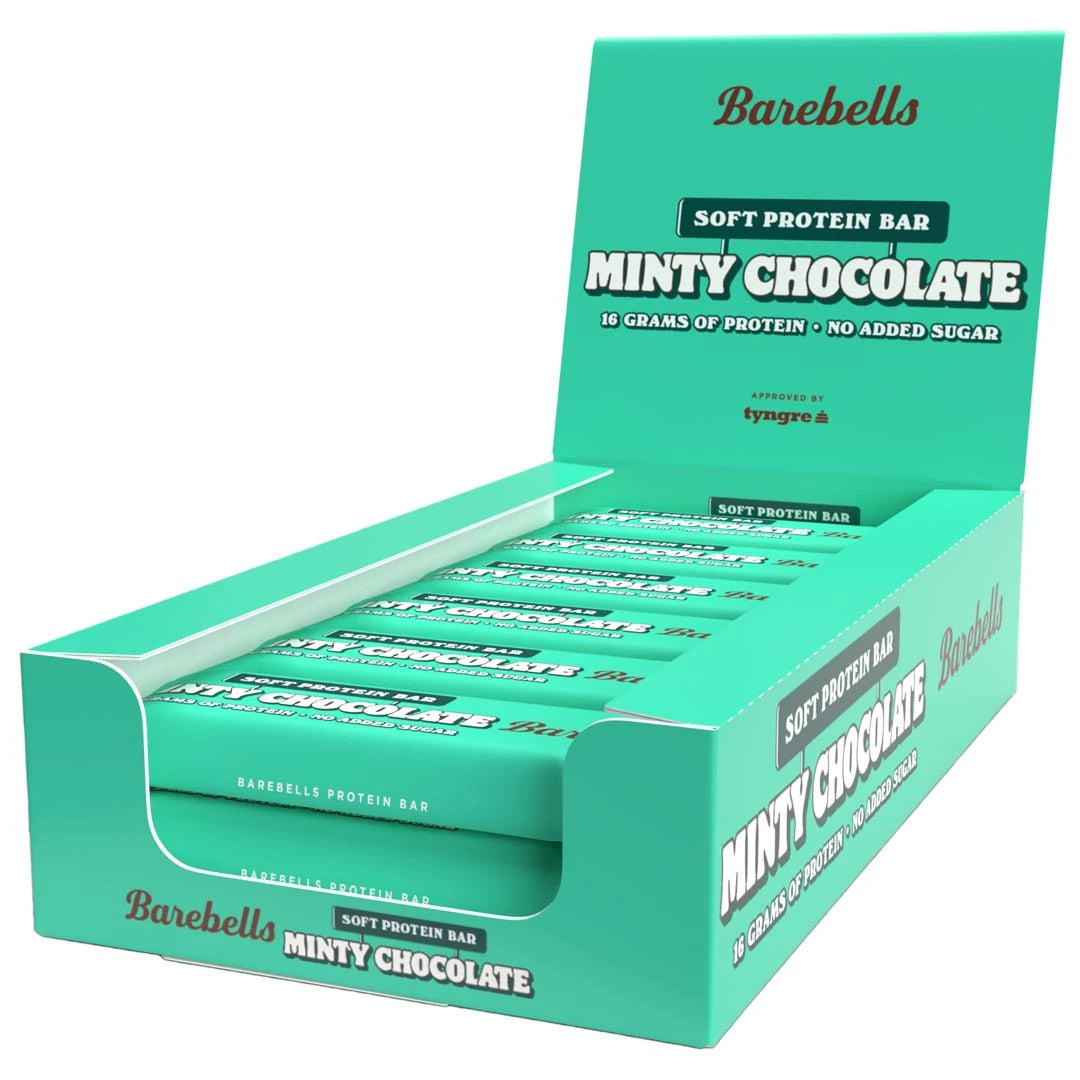12 x Barebells Soft Bar 55 g Minty Chocolate turkoosissa laatikossa, jossa on pakattuja proteiinipatukoita., kuva 1/1