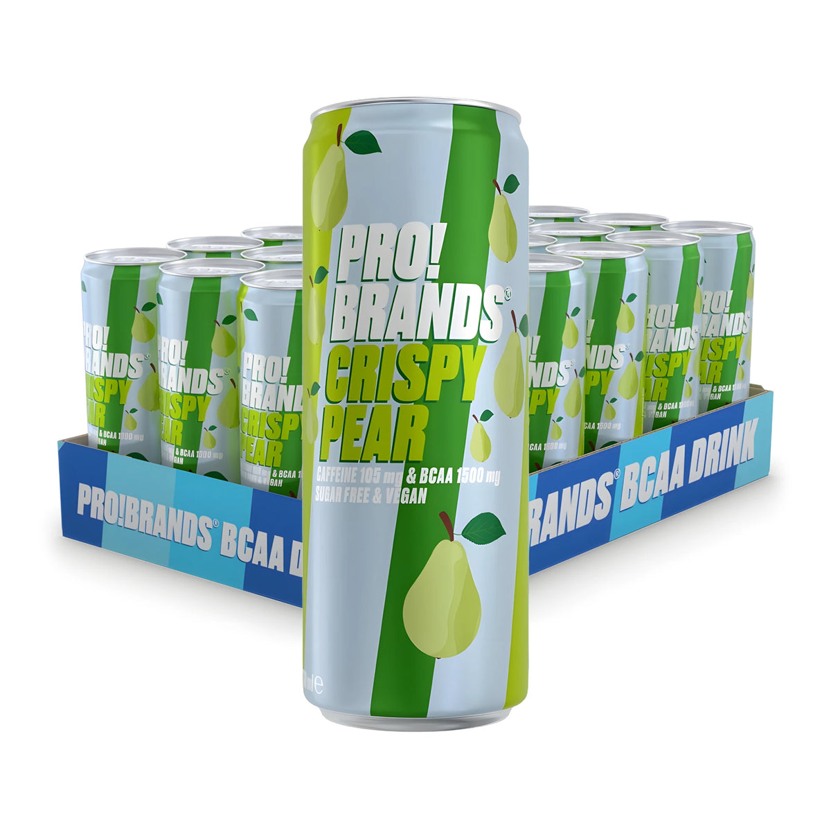 24 x Pro Brands BCAA Drink 330 ml Crispy Pear sinisessä laatikossa, jossa vihreänsinisiä päärynäkuvioisia tölkkejä., kuva 1/1