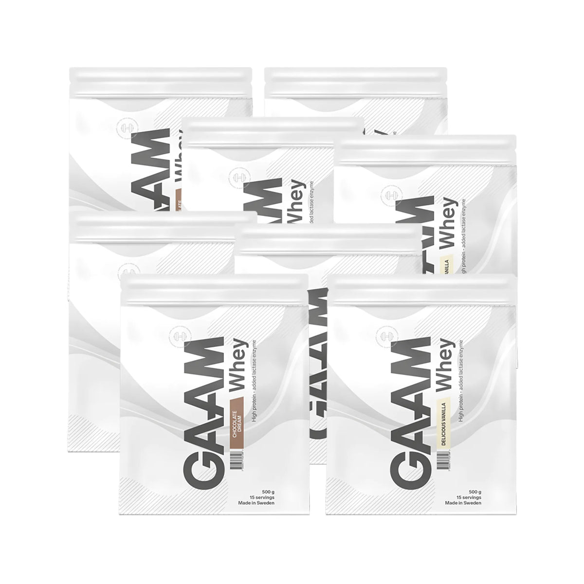 8 x GAAM Whey Proteinpulver 500 g valkoisissa pusseissa mustilla yksityiskohdilla useille eri mauille., kuva 1/1