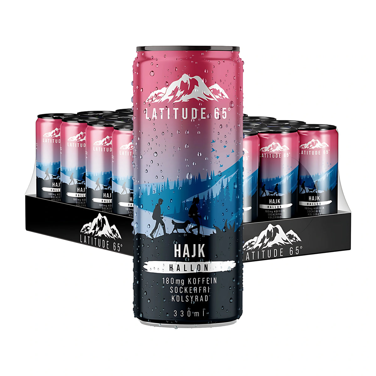 24 x Latitude 65 330 ml HAJK - Vadelma kokonaisena tölkkilavana, etualalla kasteenraikas vaaleanpunainen ja musta tölkki.