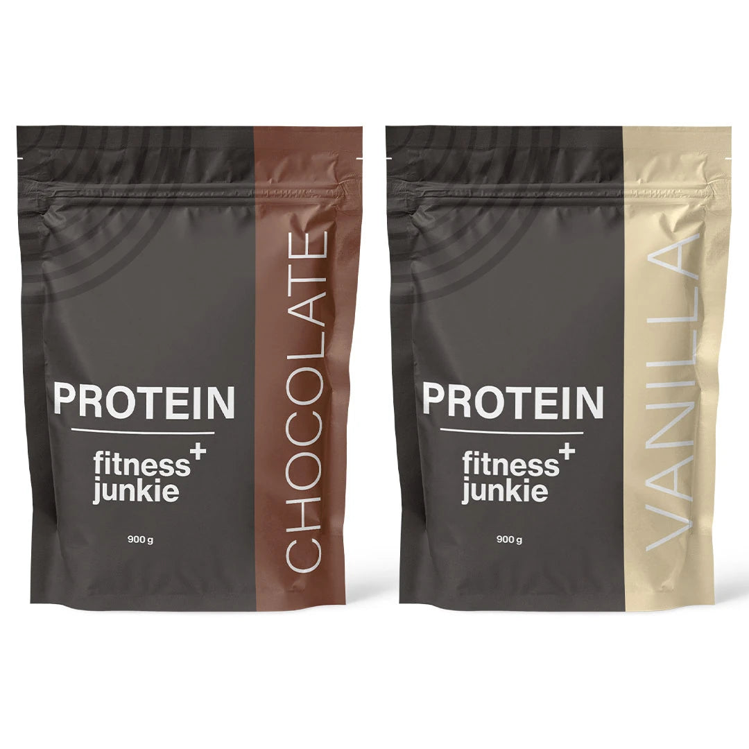 2 x fitnessjunkie Protein 900 g -heraproteiini kahdessa tummassa pussissa, makuna Chocolate ja Vanilla., kuva 1/1