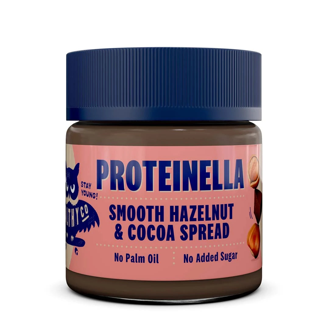 HealthyCo Proteinella 200 g -pähkinälevite maussa Hazelnut, purkissa vaaleanpunaisella etiketillä ja sinisellä kannella., kuva 1/1