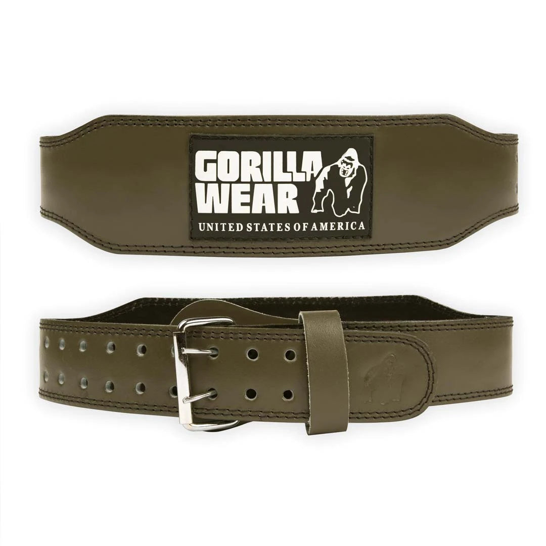 Gorilla Wear 4 Inch Padded Leather Belt Army Green on armeijanvihreä nahkainen treenivyö kaksoissoljella ja logolla., kuva 3/4