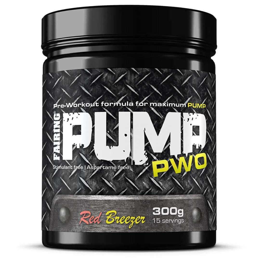 Fairing PUMP 300 g pre-workout-jauhe mustassa purkissa, jossa on kuvioitu etiketti ja makuna Red Breezer., kuva 1/1