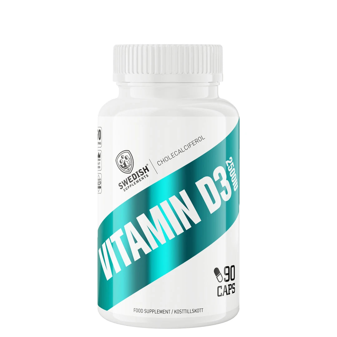 Swedish Supplements Vitamin D3 2500IU 90 caps valkoisessa purkissa, jossa on turkoosi ja musta etiketti., kuva 1/1