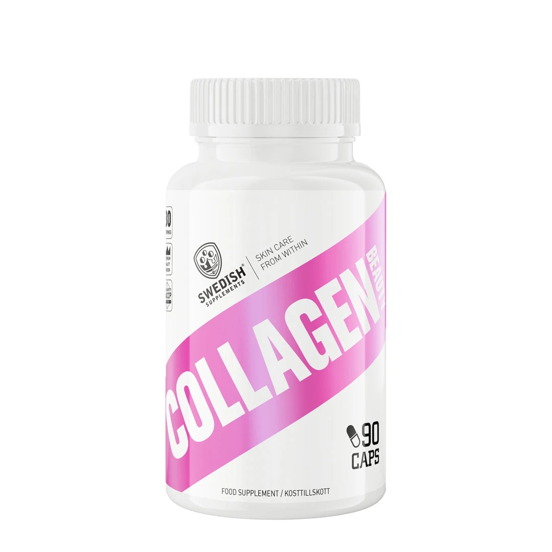 Swedish Supplements Collagen Beauty 90 caps kosttillskott förpackad i en vit burk med stora rosa detaljer., bild 1 av 1