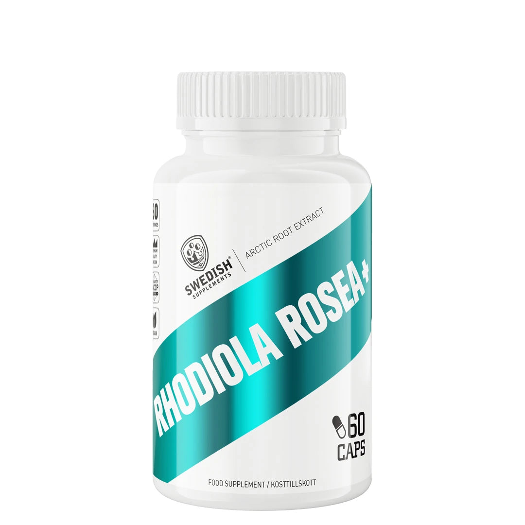 Swedish Supplements Rhodiola Rosea+ 60 caps -ravintolisä valkoisessa purkissa, jonka etiketissä on turkooseja yksityiskohtia., kuva 1/1