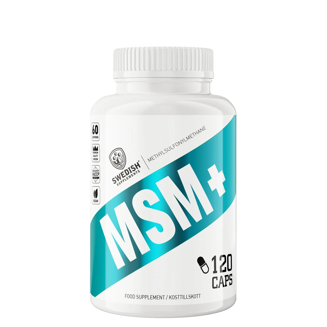 Swedish Supplements MSM+ 120 caps valkoisessa purkissa, jossa on turkoosi vino raita ja valkoinen teksti., kuva 1/1
