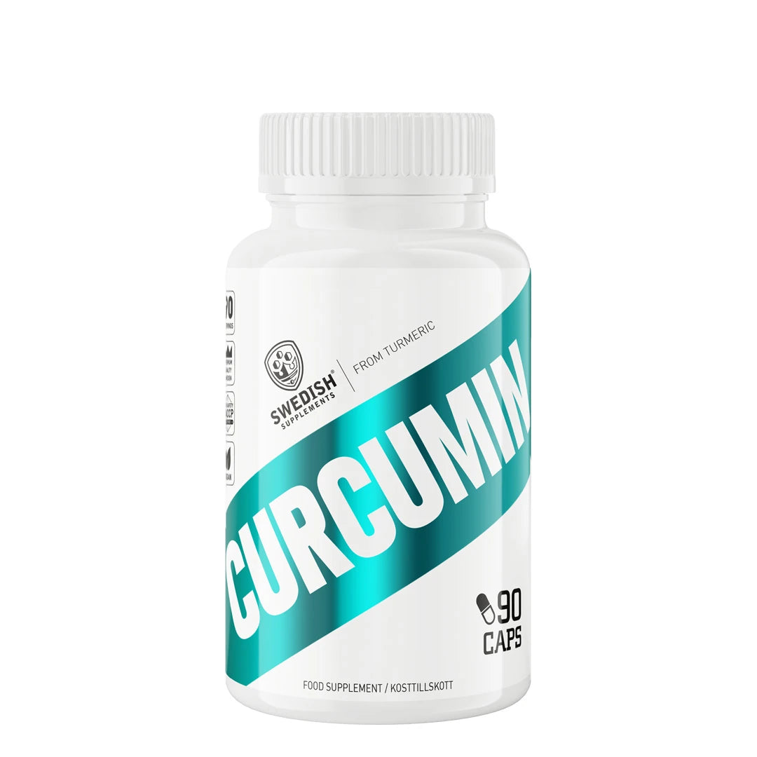 Swedish Supplements Curcumin 90 caps -ravintolisä valkoisessa muovipurkissa turkooseilla graafisilla yksityiskohdilla., kuva 1/1
