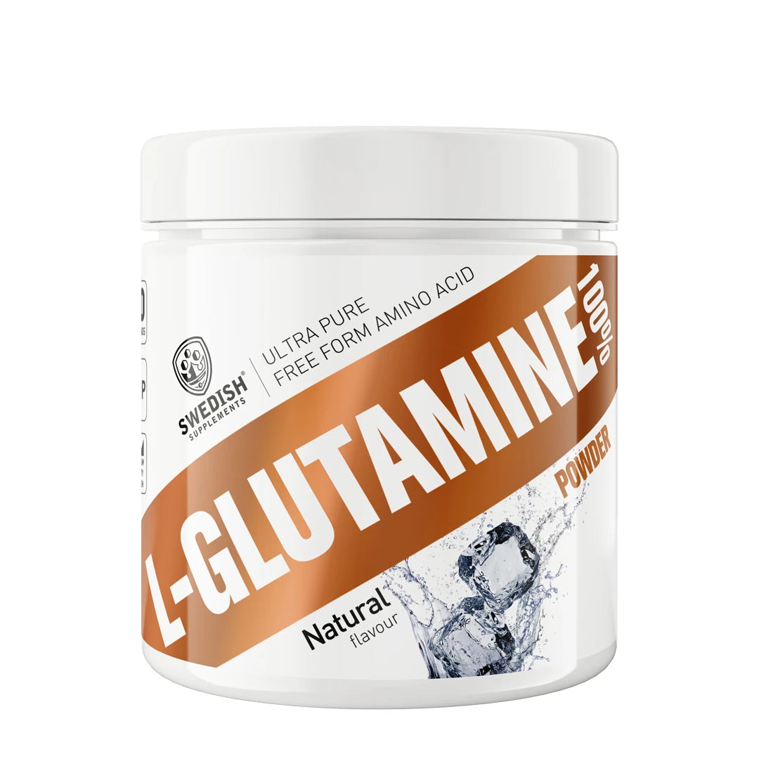 Swedish Supplements L-Glutamine 250 g -aminohappojauhe valkoisessa purkissa pronssisilla yksityiskohdilla, maustamaton., kuva 1/1