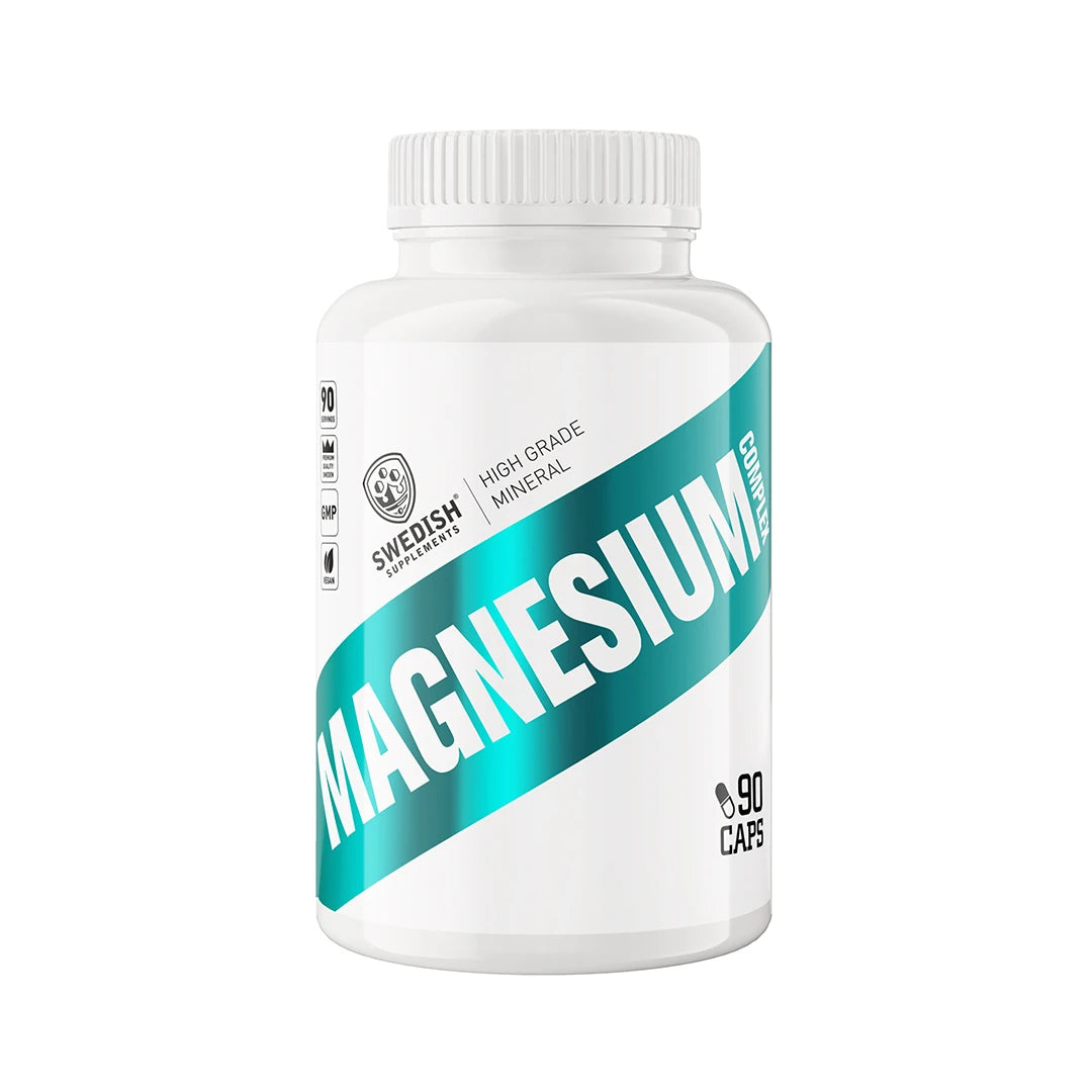Swedish Supplements Magnesium Complex 90 caps valkoisessa purkissa, jossa on leveä turkoosi raita., kuva 1/1