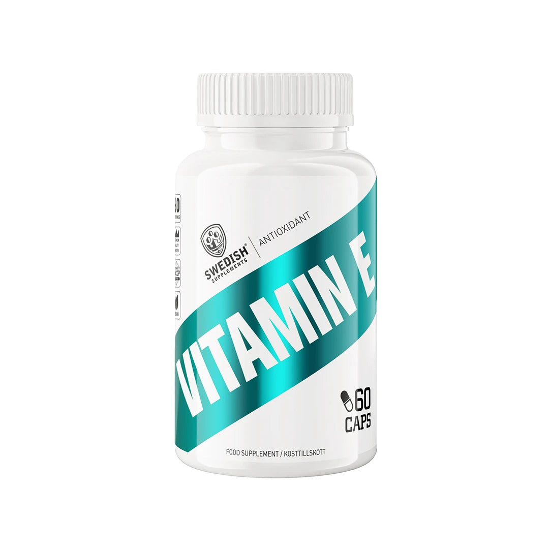Swedish Supplements Vitamin E 60 caps valkoisessa purkissa, jossa on vihreä etiketti ja antioksidanttiteksti., kuva 1/1