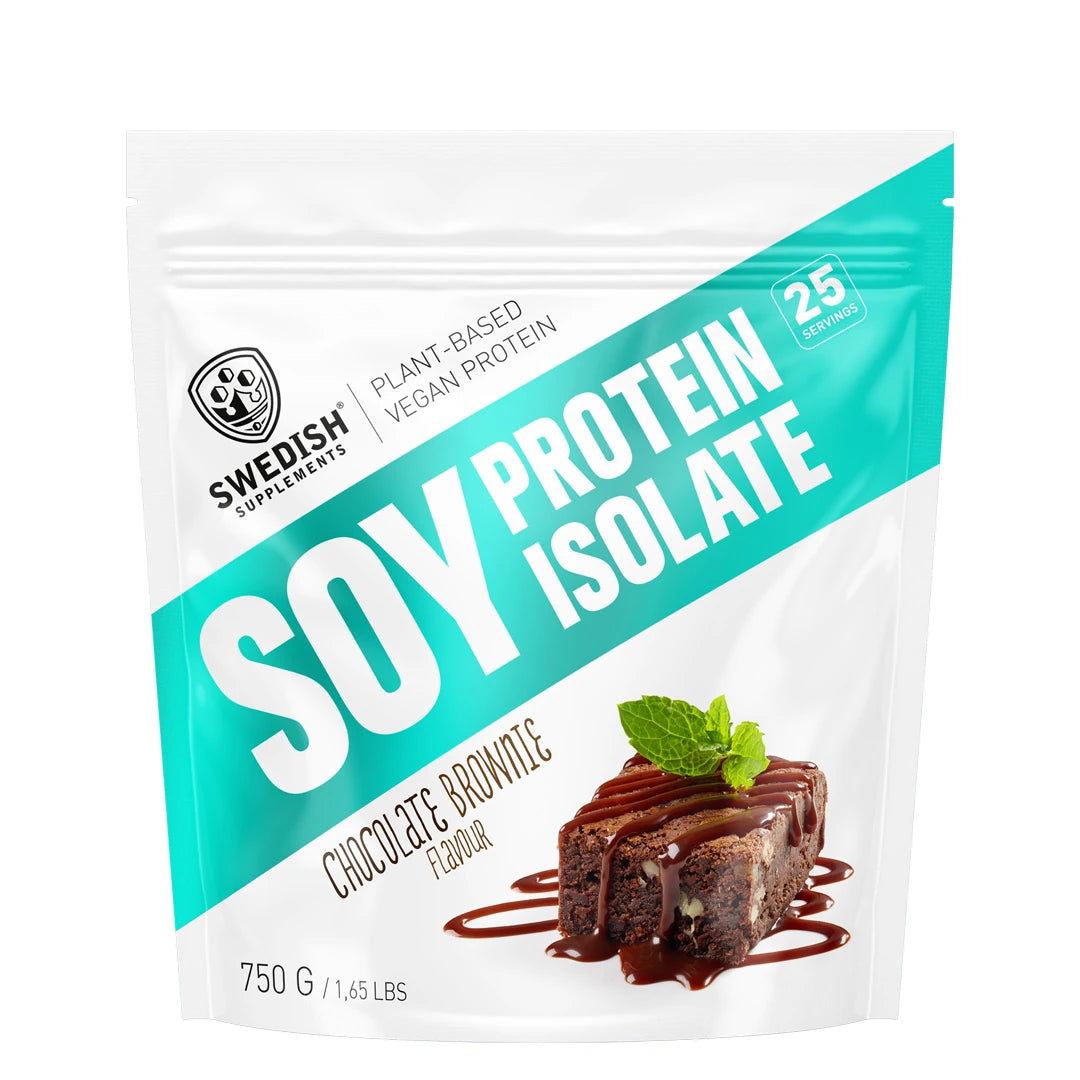 Valko-turkoosi pussi Swedish Supplements Soy Protein Isolate 750 g Naturell -proteiinijauhetta, kuvituksena brownie., kuva 1/1
